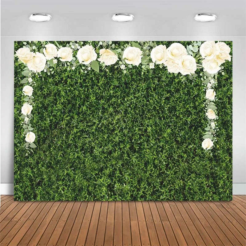 

Green Grass Leaves Photography Backdrop Wedding Spring Nature Flowers White Rose Bridal Shower Photo Background For Photo Studio