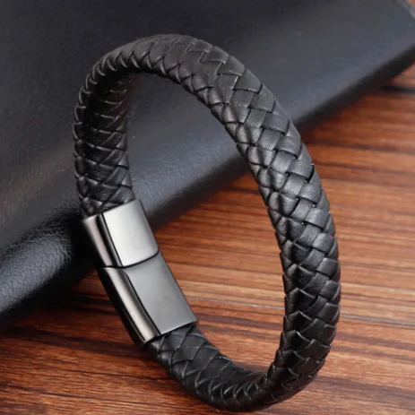 Trendy Men's Jewelry Braided Leather Rope Bracelet Black and Silver Stainless Steel Magnetic Buckle Black Red Blue Bracelets