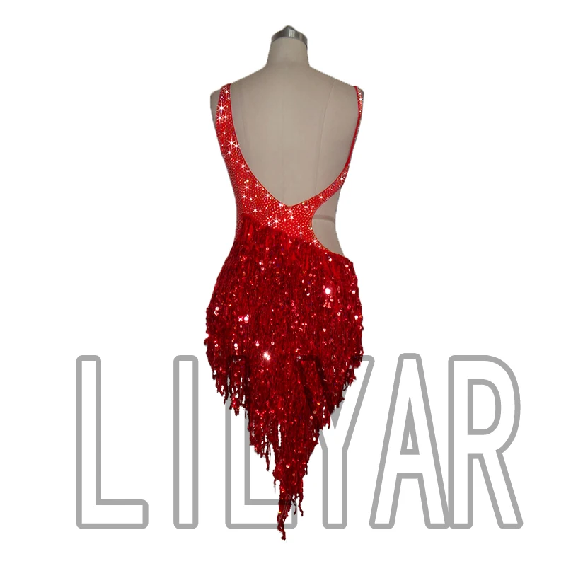 New Latin Dance  Competition Performance Dress Adult Red Cut-Out Sequin Sexy Dance Dress