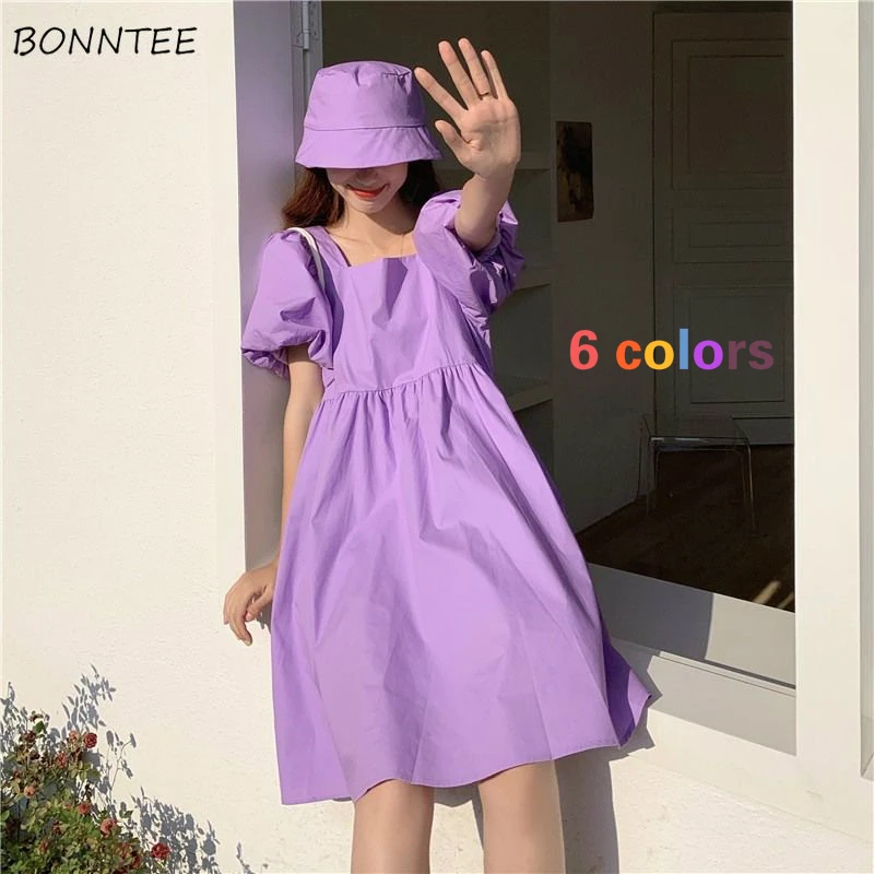 Dress Women 6 Colors Hot Selling Vintage Lovely Puff Sleeve Summer Chic High Waist Preppy Girls Dresses Trendy Solid Ins Vestido