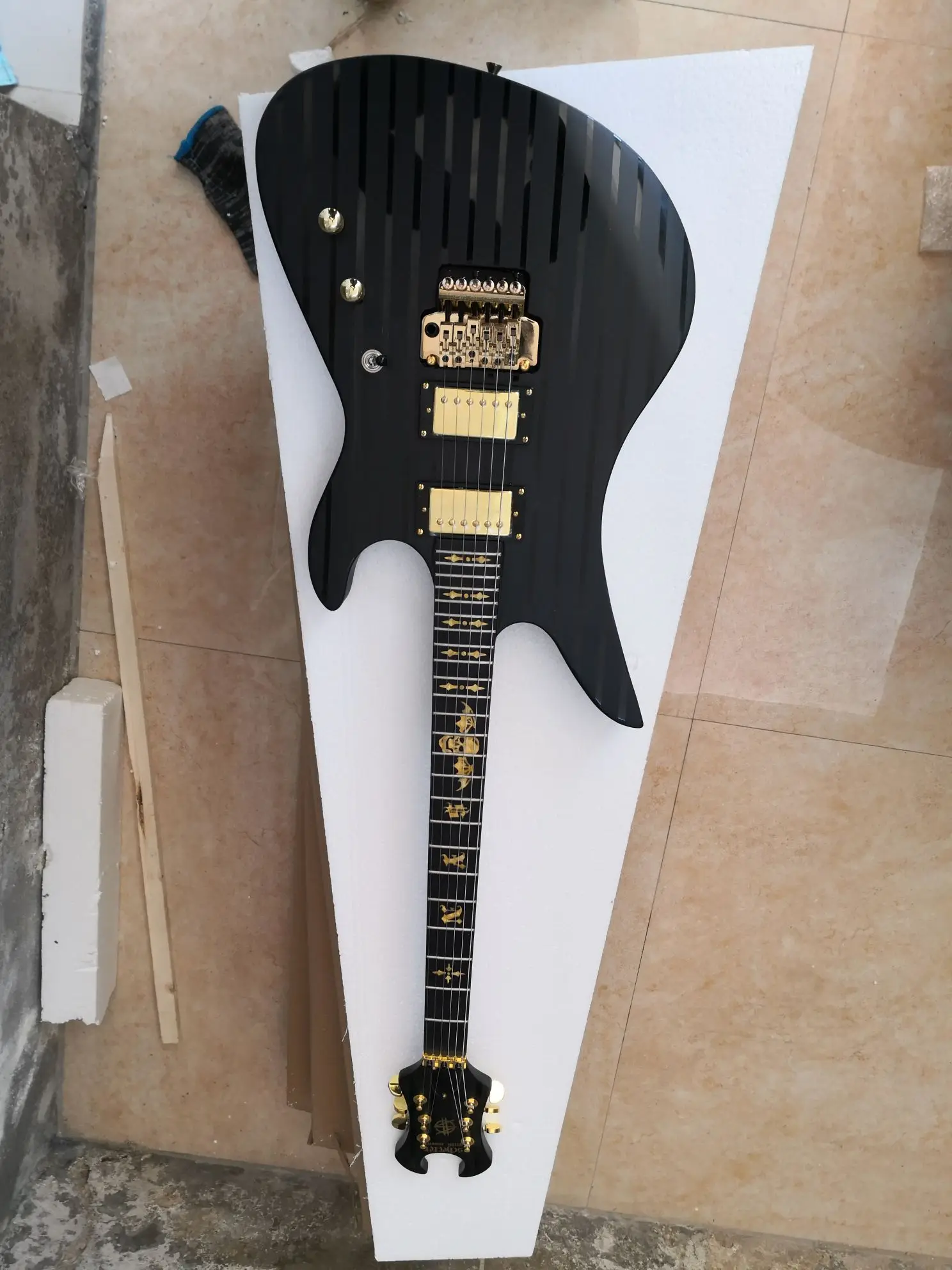 Matte Black Stripe Electric Guitar, 6 String Ebony Fingerboard, Gold Bat Inlaid with Gold Accessories