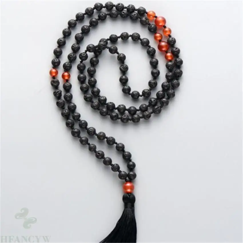 

6mm volcanic 108 Beads Gemstone Tassels Mala Necklace MONK natural Buddhism Handmade Wristband Mala Unisex Lucky Wrist Healing