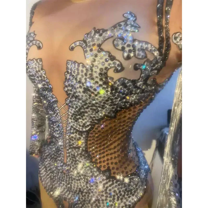 Women Sparkling Silver Rhinestone Sequin Tassel Party Bodysuit Bodycon Stage Fringes Jumpsuit Dancer Leotard DS Singer Bodysuit