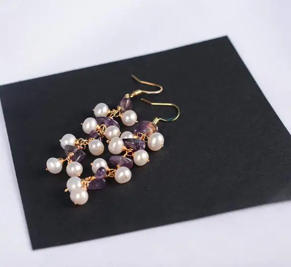 

New Style Natural Pearl Earrings Handmade Baroque Gemstone Amethyst White Freshwater Pearl Long Gold Dangle Earrings Lady Gift