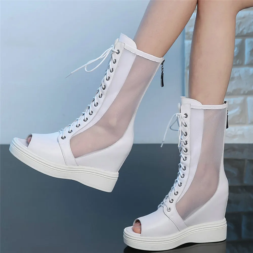 2023 Wedges High Heel Pumps Shoes Women Lace Up Genuine Leather Gladiator Sandals Female High Top Summer Platform Oxfords Shoes