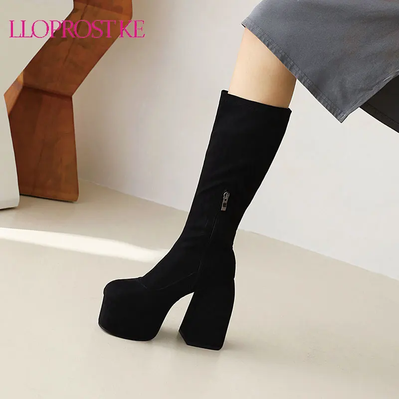 

Lloprost ke Sexy Leopard Print Pleated Knee High Women's Boots 2021 New Autumn Winter Thick high heel Women Shoes Plus Size 43