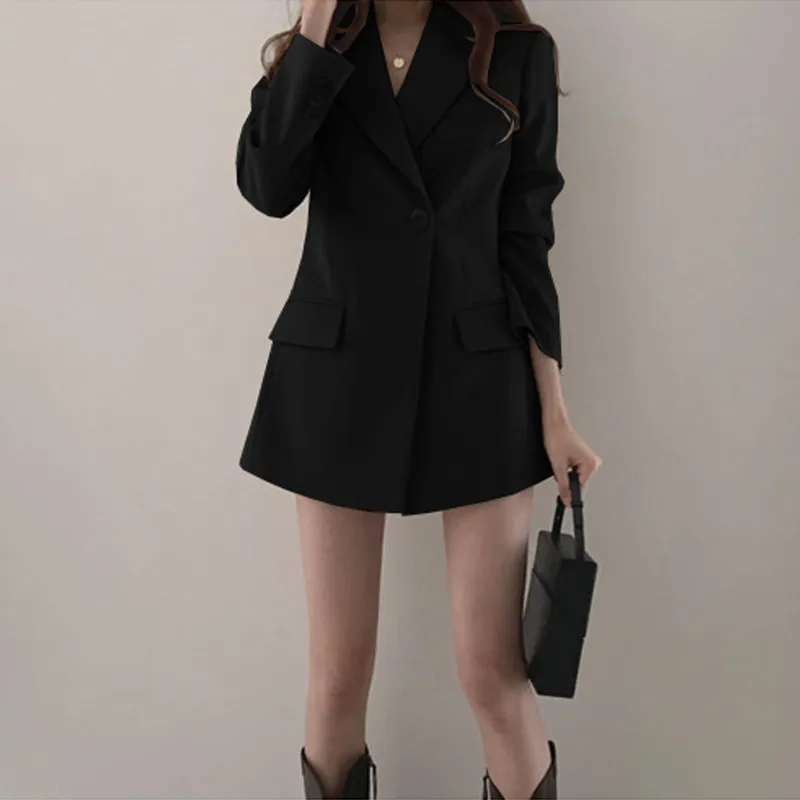 Women Long Blazer Cool Work Jacket Casual Slim Fit Khaki Black Beige Pink Autumn 2023 Office Ladies Tunic Outwear with Pockets