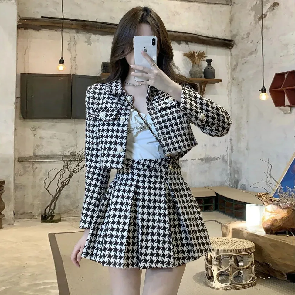 Small Fragrance Style Elegant Tweed 2 Piece Set Women Vintage Houndstooth Cropped Jacket + Pleated Mini Skirt Suits Sexy Outfits