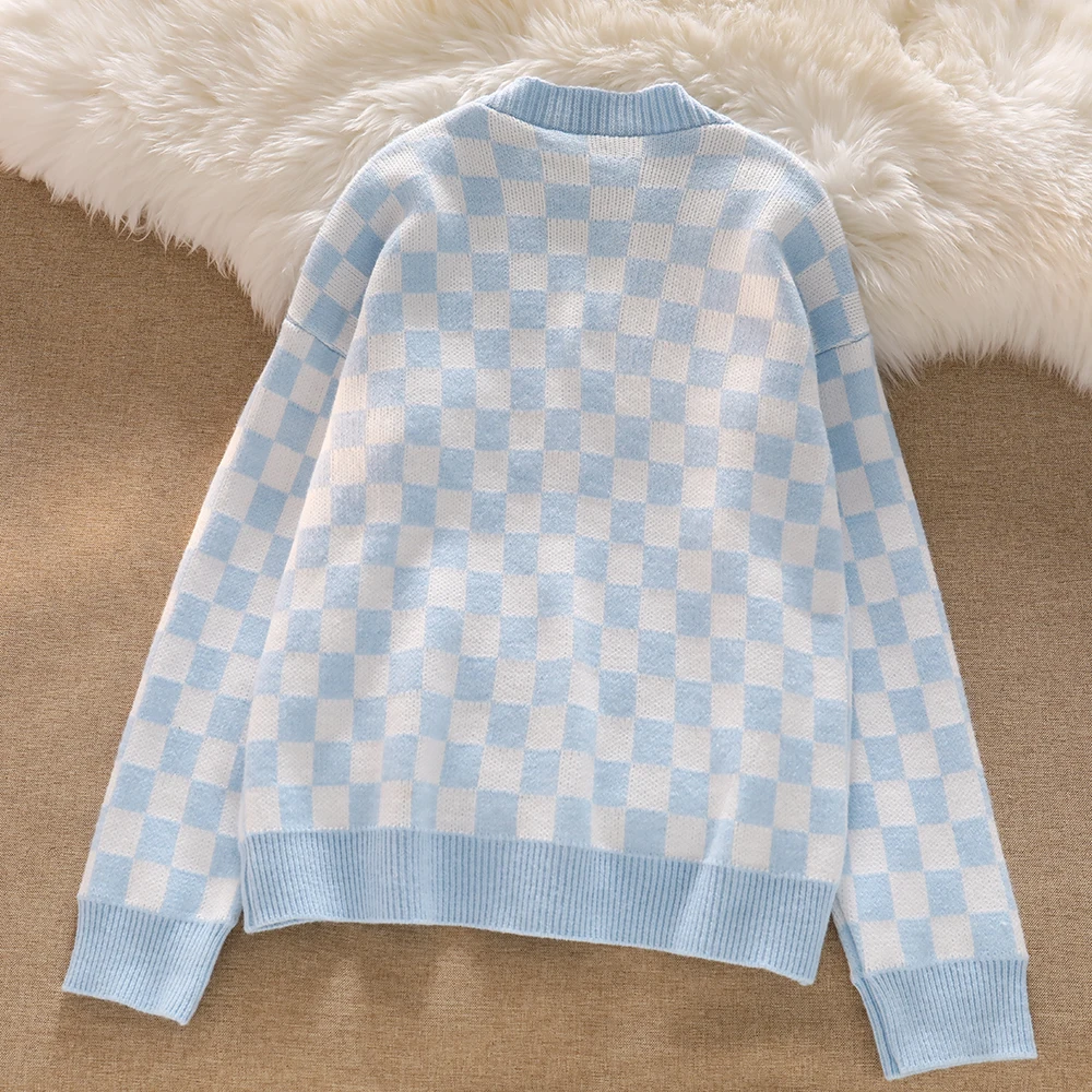 Blue Chessboard Plaid Knitted Cardigan Sweater Women\'s Winter Warm Button Knitted Coat Sweater Jumpers Outerwear Cardigan Top