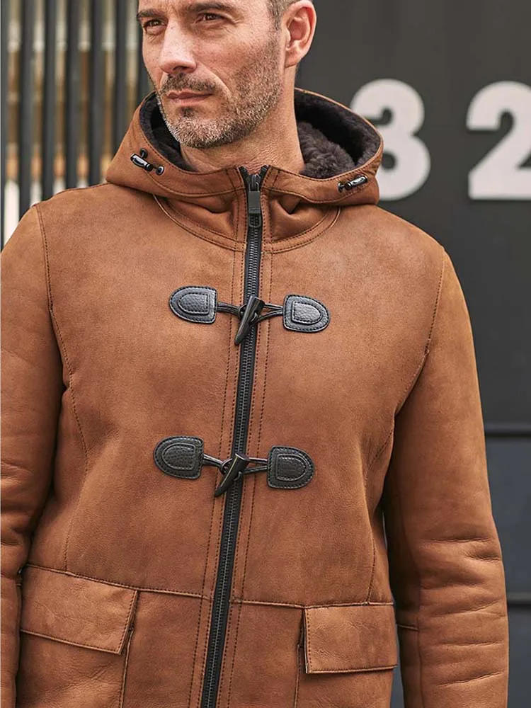 New Mens Sheepskin Shearling Jacket Long Trench Coat Winter Warm Fur Overcoat Hooded Leather Outwear