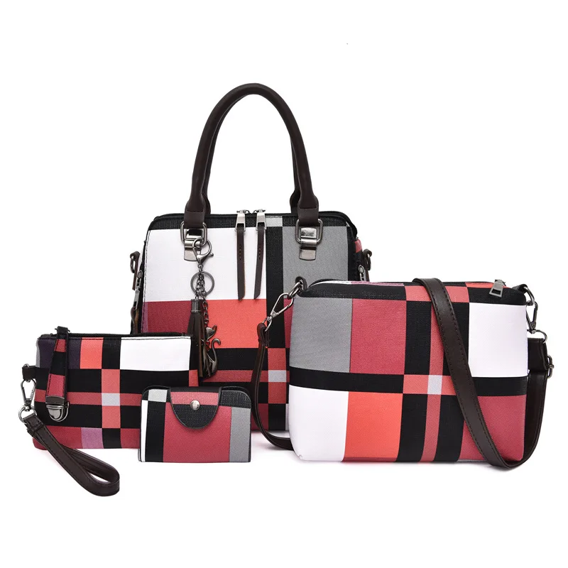 

4PCS Women's Bag Set Fashion PU Leather Ladies Handbag Grid Print Messenger Shoulder Bag Wallet Bags Famous brand 2020