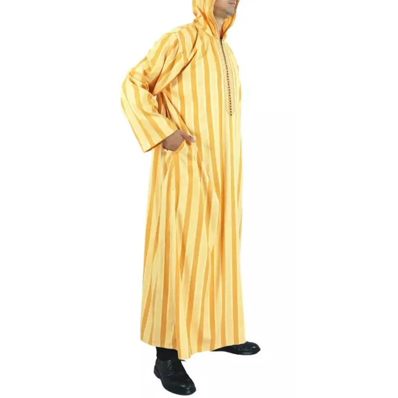 Robe à capuche à manches longues pour hommes, caftan arabe, abaya musulmane marocaine, coton et lin, robe à rayures, conception islamique, culte du