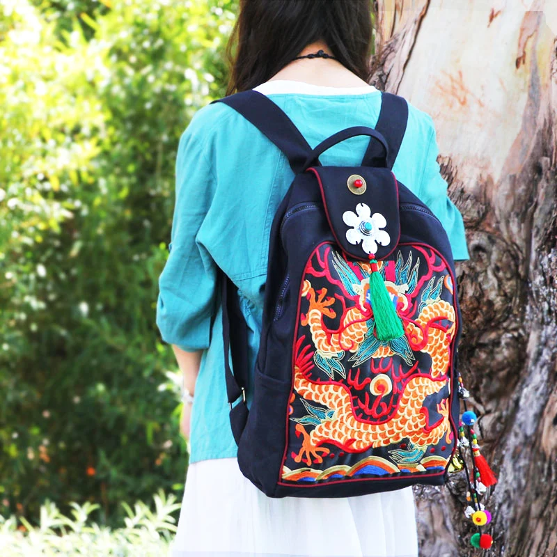 

Naxi.Hani Original women bag embroidery canvas backpack New style Women's Shoulder bag vintage tassel bag women backpack