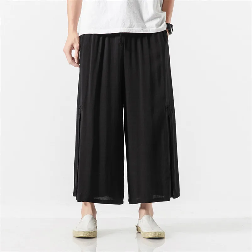 Plus size Men Pants M-7XL 8XL Solid Wide leg Pants Summer New Design Cotton Linen High waist Ankle length Trousers Black Beige