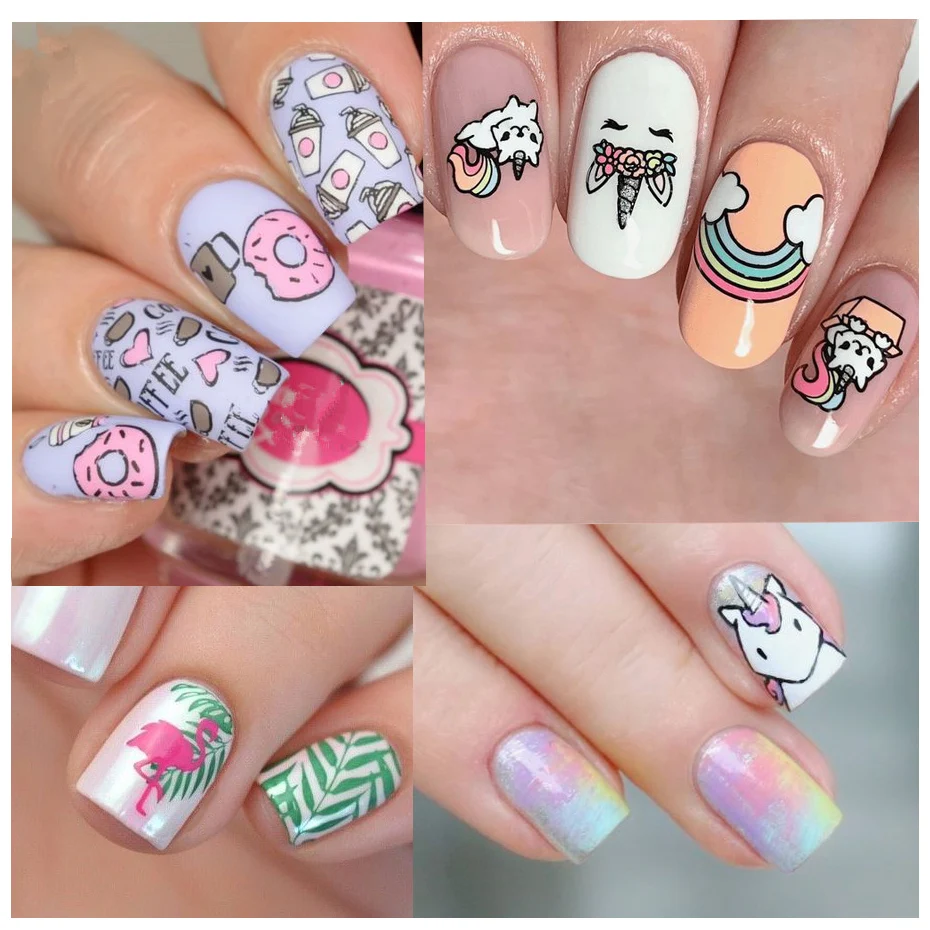 12 Designs Pink Unicorn Water Transfer Slider Rainbow Ice Cream Donut Cartoons Nail Stickers Polishing Nail Decaor NLBN1057-1068