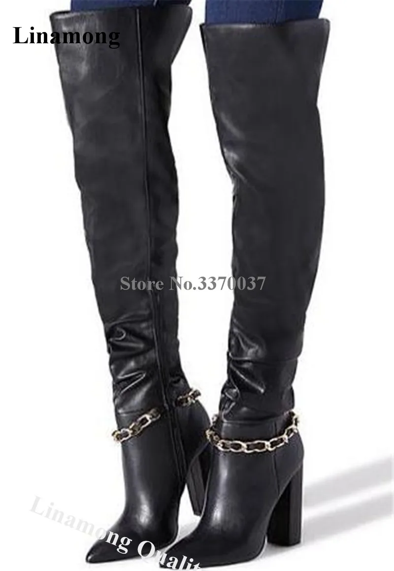 Linamong Women Black Matte Leather Over Knee Chunky Heel Chains Boots Elegant Pointed Toe Thick Heel Long Boots Big Size Boots