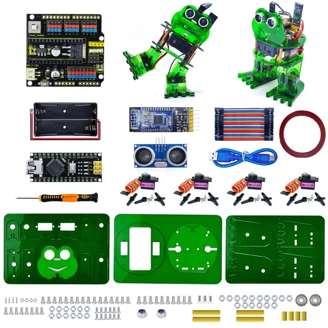 Zestaw robota żaby bionicznej Keyestudio dla Arduino Nano, chodzący i tańczący na dwóch nogach, sterowany serwomechanizmami, programowanie graficzne.