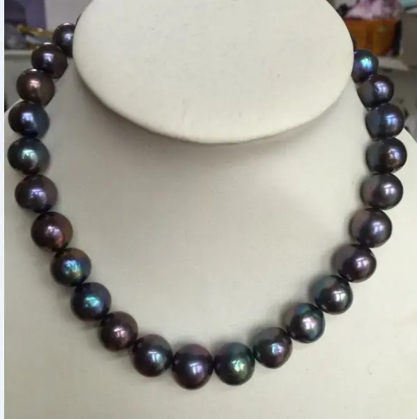 

huge 12-11mm freshwater round black blue red pearl necklace 18inch 925silver