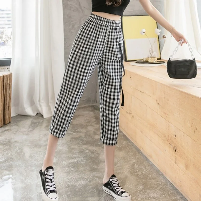 Casual Women Calf Length Pants Elastic Waist Plaid Harem Pants High Wasit Streetwear Colors Mixed Loose Cotton Linen Trousers