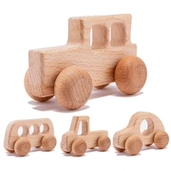 4pc Wooden Baby Car Toys Beech Wooden Blocks Animal Dogs Cartoon Educational Montessori Toys For Children Teething Baby Teether