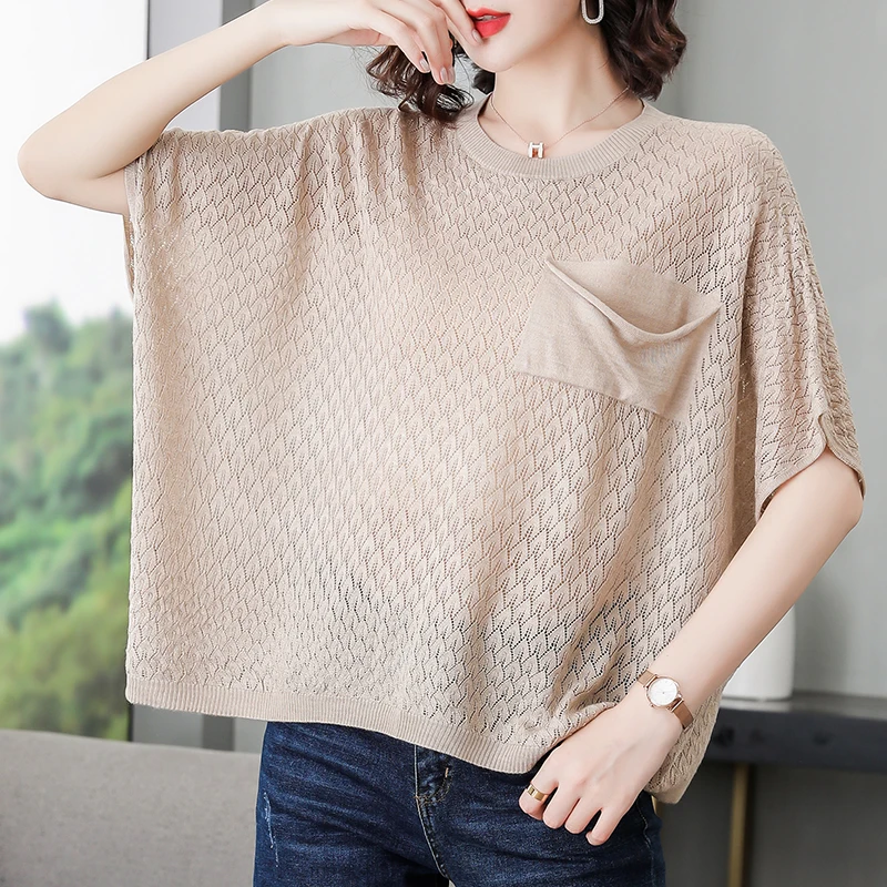 Women Oversize Sweater Blouse Summer Spring Loose Hollow Knit Shirts Ladies Batwing Sleeve Extra Large Knitwear Pullovers