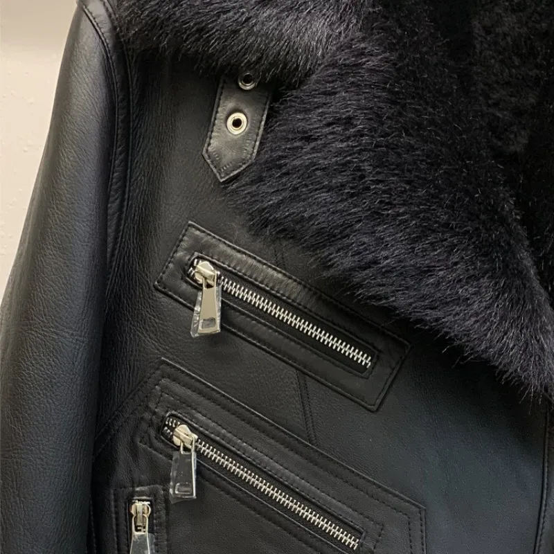 Women Motorcycle Shearling Jacket Punk Genuine Leather Coat Punk Zipper Real Fur New Winter Thick Warm Fashion Biker Outerwear