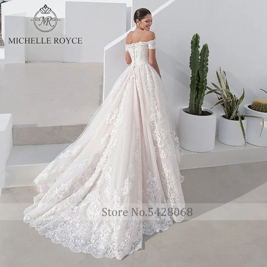 Michelle Royce A-Line Sweetheart Vestidos De Novia sin hombros manga corta capilla tren vestido De Novia Vestidos De Novia