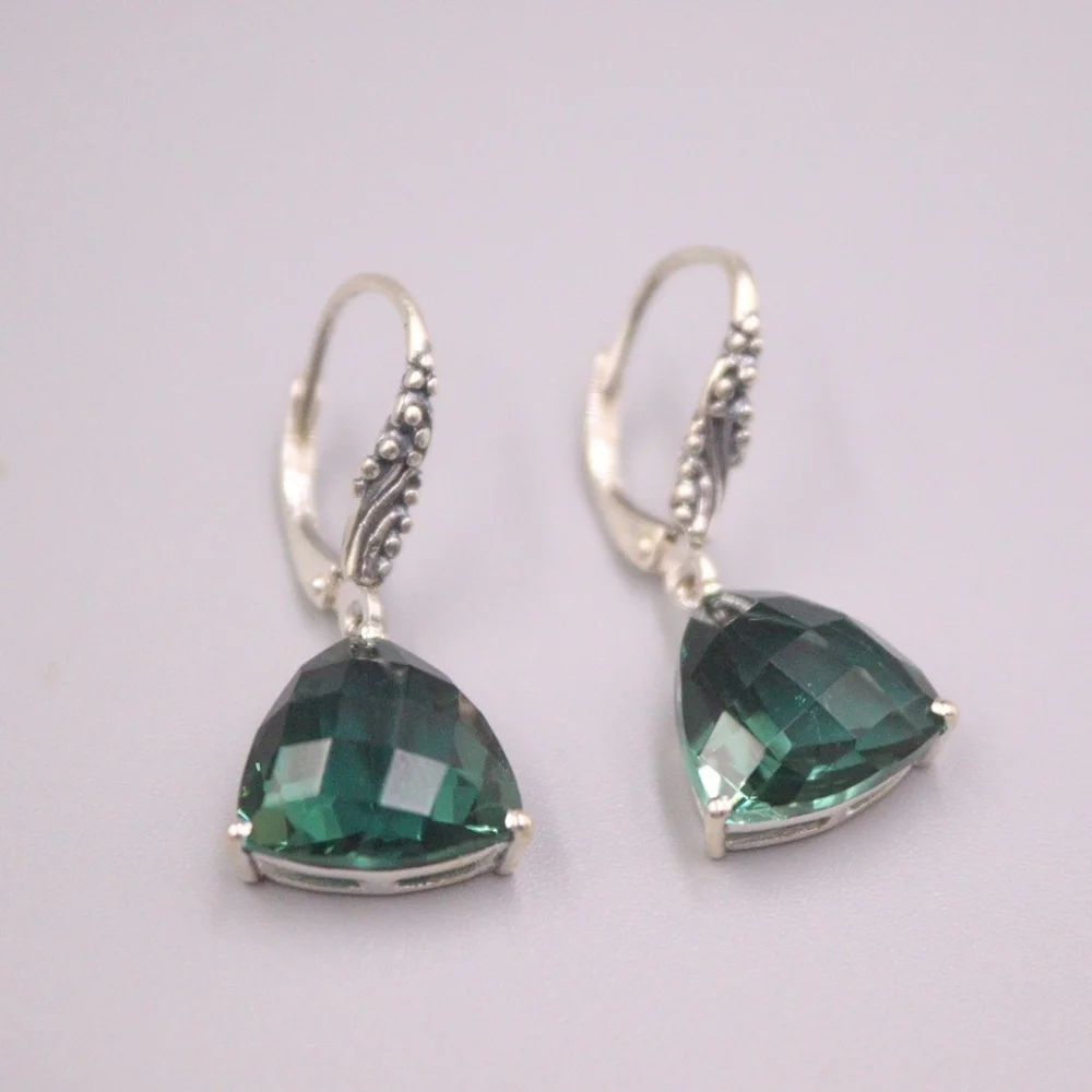 Genuine Real 925 Sterling Silver with Trillion Green Crystal Dangle Earrings 1.18inch Length