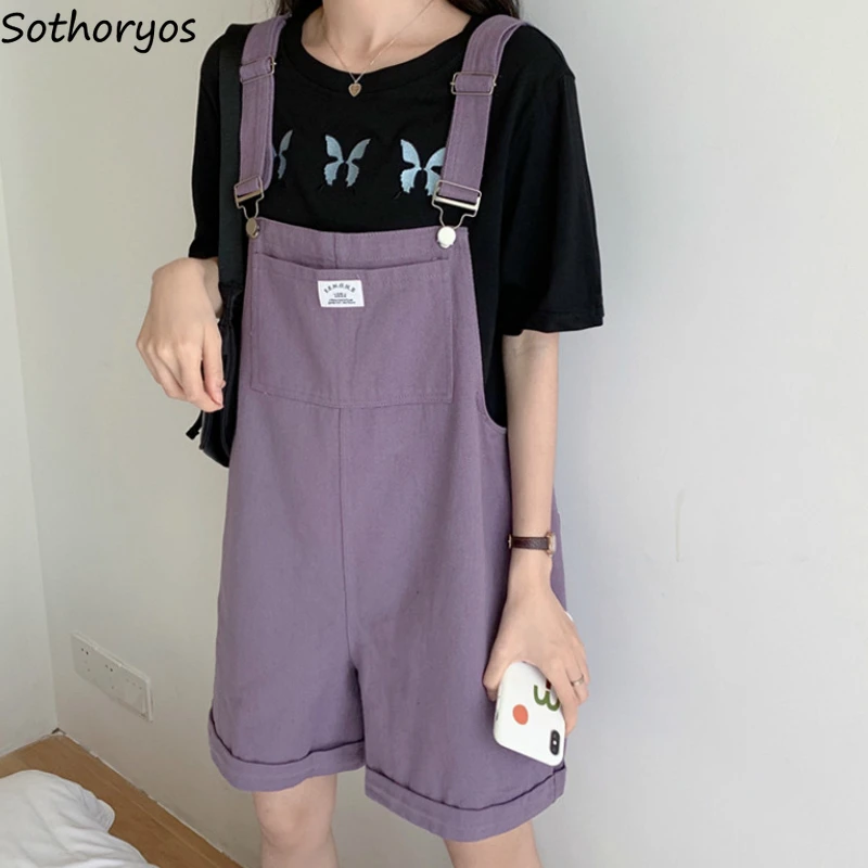 

Rompers Women Solid Pockets Sweet Kawaii Girls Playsuits Leisure Safari Style Womens Overalls Loose All-match Adjustable Ulzzang