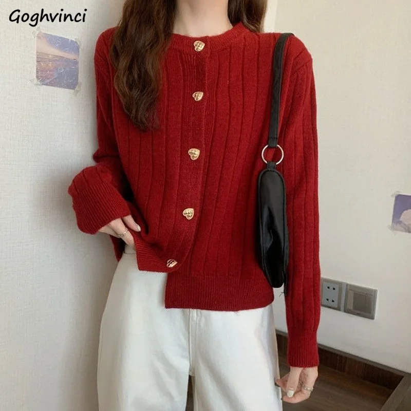 Cardigan Women O-neck Metal Button Heart Gentle Fashion Ulzzang Casual Street Friends Sweet Loose Cozy Knitted Burgundy S-3XL