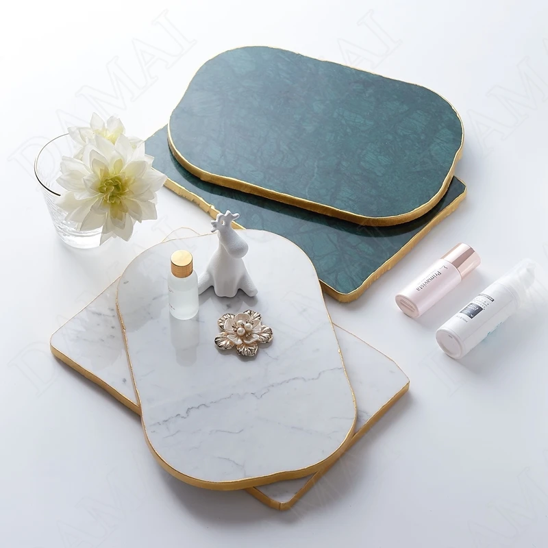 

Natural Marble Storage Tray Golden Stroke Decorative Living Room Tableware Organizer Afternoon Tea Cake Tray Home Decoration