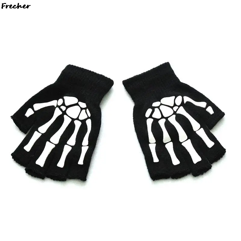 Mitaines d'Halloween pour Adultes, Gants d'Hiver Demi-Doigt, Squelette, Crâne, Brille dans la Nuit, Sans Doigts, 1 Paire