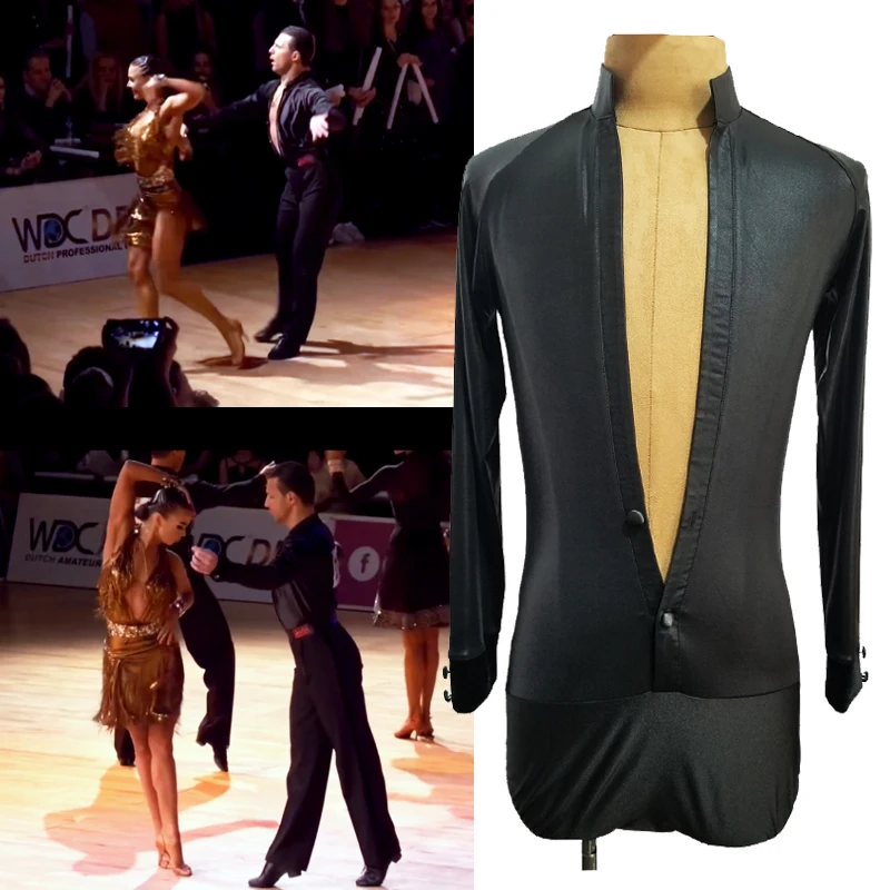 New Latin Dance Costume Men Long Sleeves Tops V Neck Leotard Latin Competition Performance Clothing Cha Cha Dance Shirt DNV15524