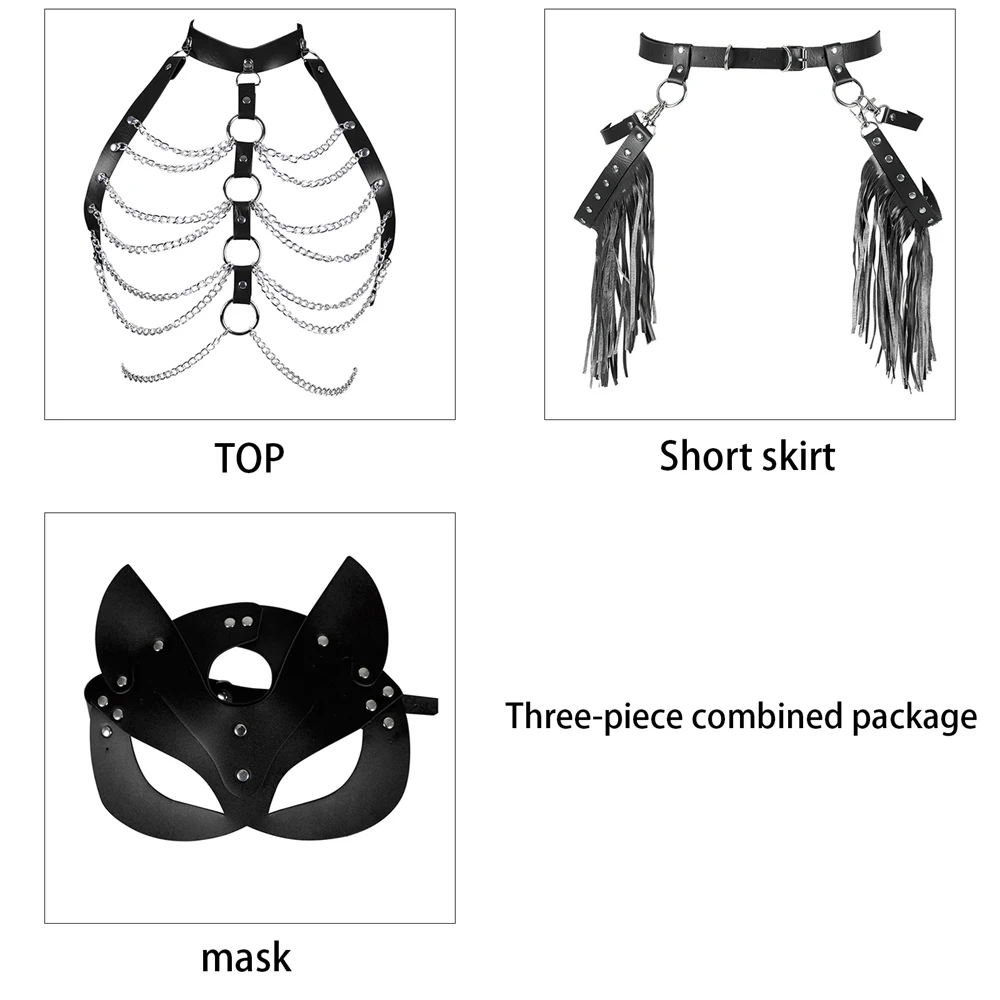 

3PC Sexy Lingerie Leather Harness Women Bondage Goth Set Thigh Sword Belt Chain Accessories Suspender Waist Festival Rave Wear