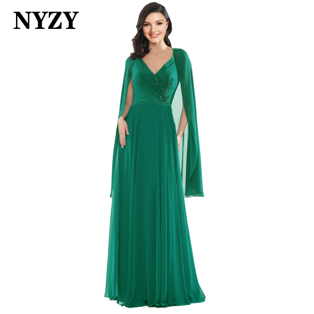 

NYZY M401A Elegant Cape Sleeves Green Chiffon Long Mother of the Bride Dresses 2022 Wedding Guest Wear Party Prom Evening Gowns