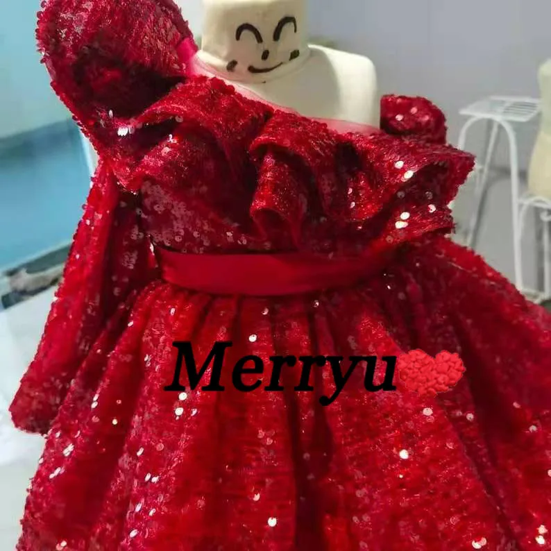 Luxo lantejoulas vestido da menina de flor meninas pegeant vestido princesa na altura do joelho vestidos de festa de aniversário vestido de natal