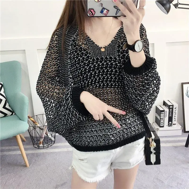 Sexy Women Knitted Pullover Mesh Hollow Sweater Female 2024 Spring Casual Top Bat Half Sleeve Casual Loose Knit Jumper Summer