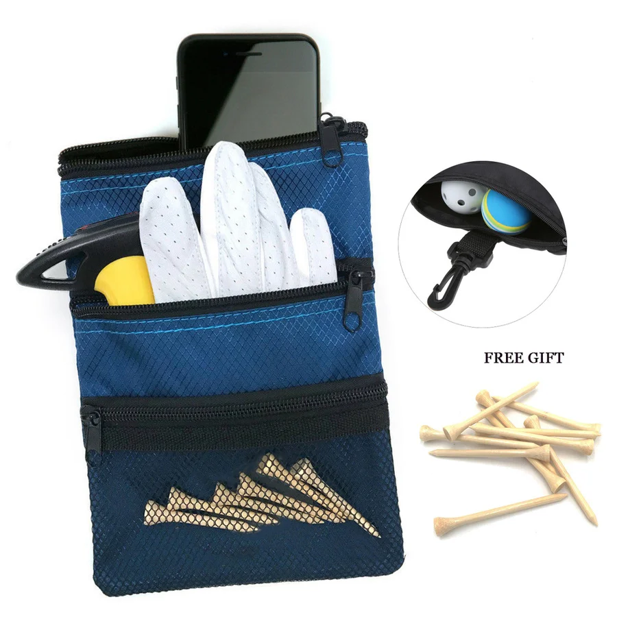 Durable Nylon Golf Pouch Bag Balls Valuables Holder with 10 Pcs Free Bamboo Golf Tees for Men Women