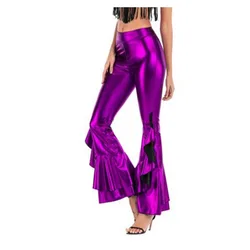 Sexy PU Leather Metallic Pants Shiny Holographic Flare Pants Women Girls Elastic Waist Bell Bottom Trousers Clubwear