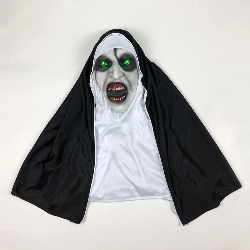 Nun-コスプレ用の怖いラテックスマスク,ヘッドスカーフ付きアクセサリー,LEDライト,ハロウィーンパーティーに最適