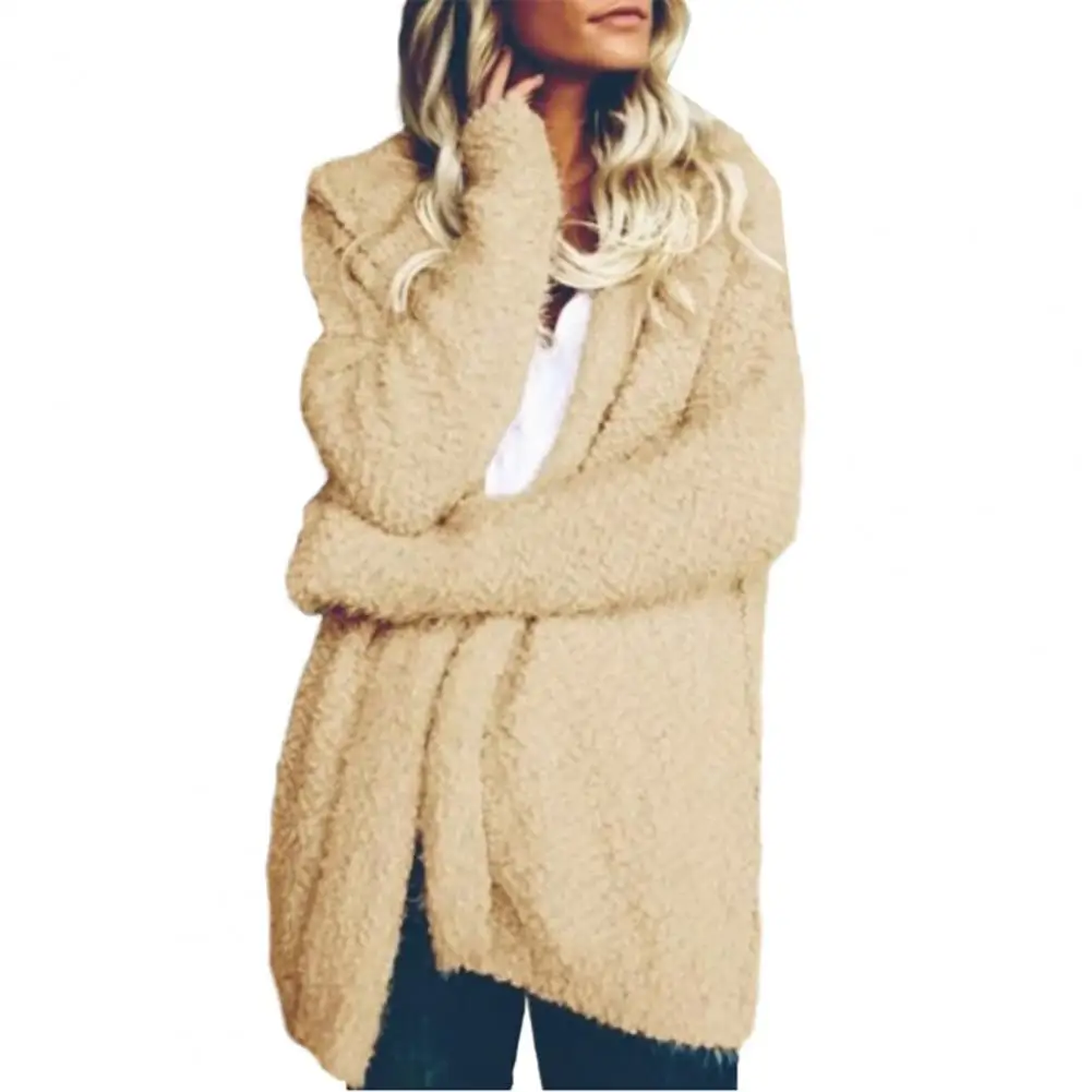 Women Loose Solid Color Hooded Cardigan Long Sleeve Open Front Knitted Outwear