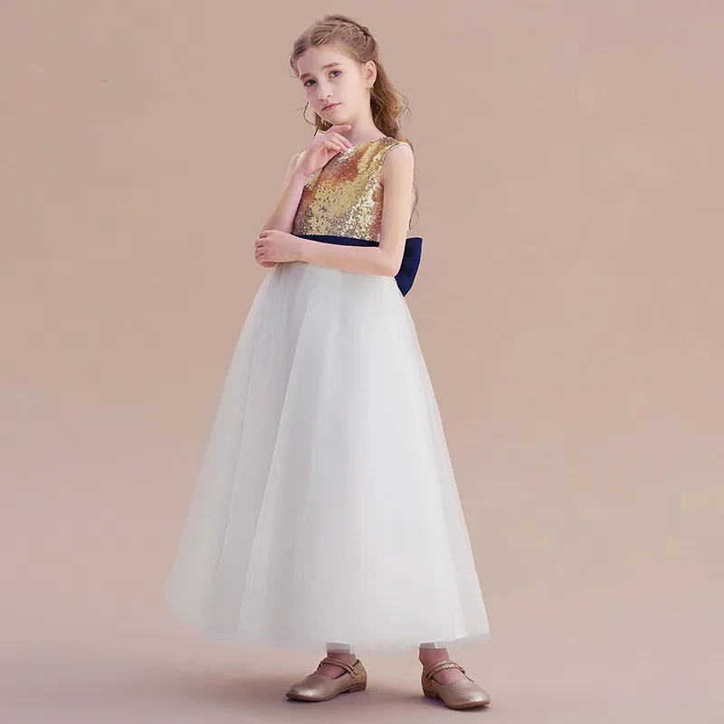 Dideyttawl Customized White Tulle Gold Sequins Party Gowns For Girls Open Back Flower Girl Dress For Birthday Party Performance