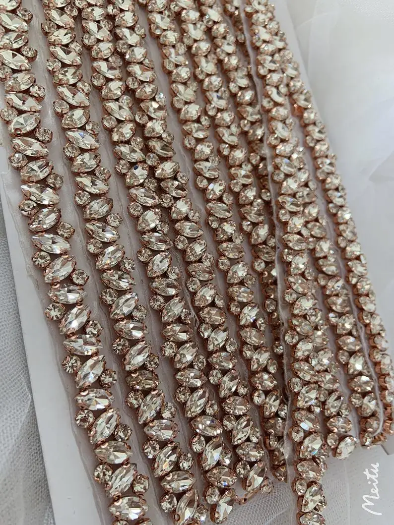 Rose Gold Rhinestone Sash Belt Trim Crystal Bead Trim Bridal Sash Belt