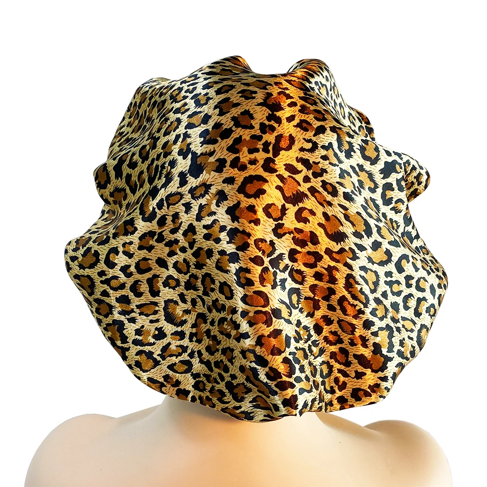 Leopard Print Satin Bonnet Cap Wide Rubber Band Nightcap Hair Care Hat