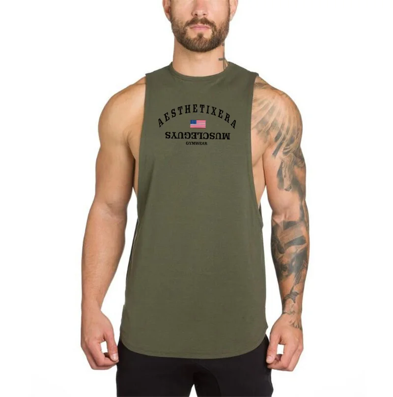 Męskie sportowe kamizelka do biegania bawełna bez rękawów t shirt mężczyźni kulturystyka koszulka treningowa męskie gym Stringer tank top odzież