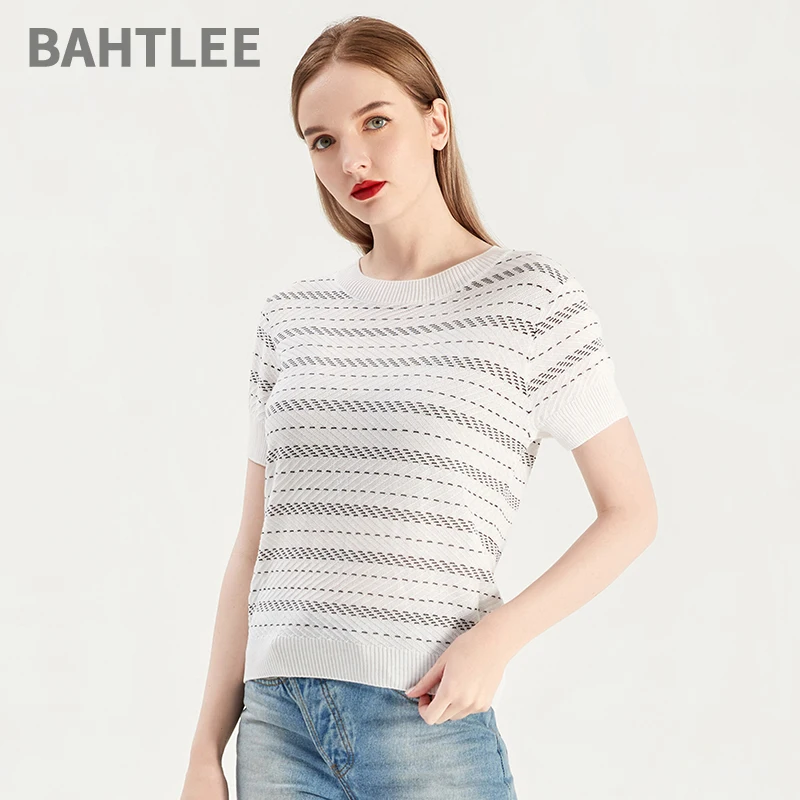 BAHTLEE-Lyocell Stripe Knitted Sweaters for Women, Short Sleeves, O-Neck Pullovers, Jacquard Weave, 4 Colors, Summer