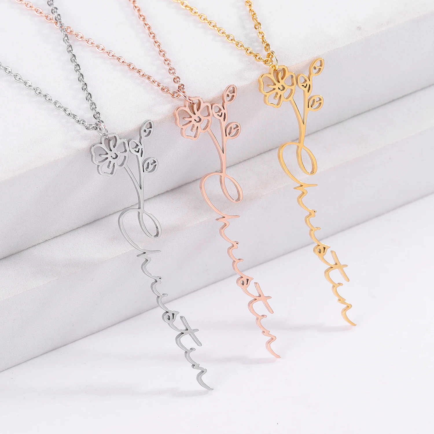 Dainty Name Necklace with Birth Flower Dangle Floral Name Necklace Mother's Day Gift Christmas Gift for Her Bridesmaids Gifts