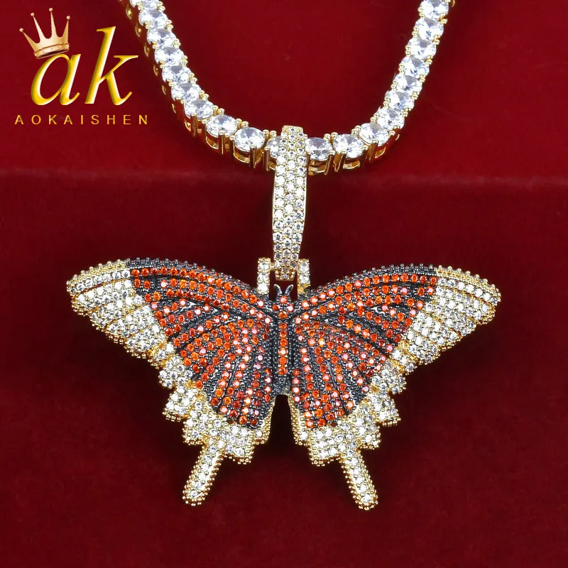 

Colorful Zircon Butterfly Pendant Gold Color Plated Necklace Men's Hip Hop Rock Jewelry