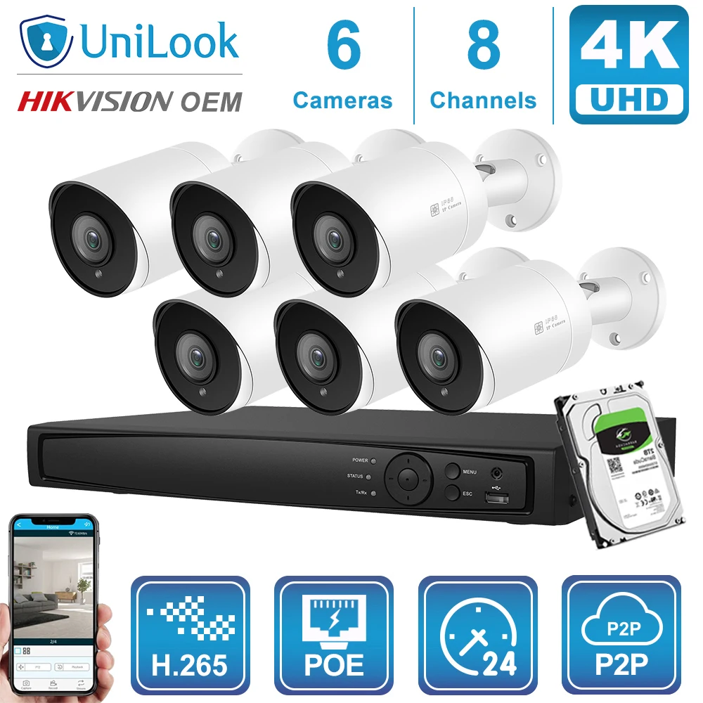 UniLook-Kit de caméra IP POE Bullet, 8 canaux, 4/6/8 pièces, 8MP 4K, NVR, système de sécurité extérieur, vision nocturne, H. disparates, vue P2P