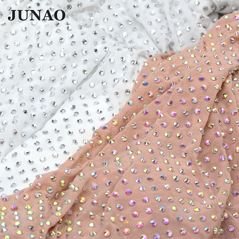 JUNAO 1x1.5 Meter Nude Mesh AB Glass Rhinestone Sheet Trim Crystal Applique Ribbon Elastic Strass Banding For Dress Decoration